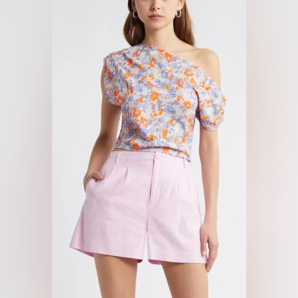 Open Edit Floral One-Shoulder Top and Pink Shorts Set